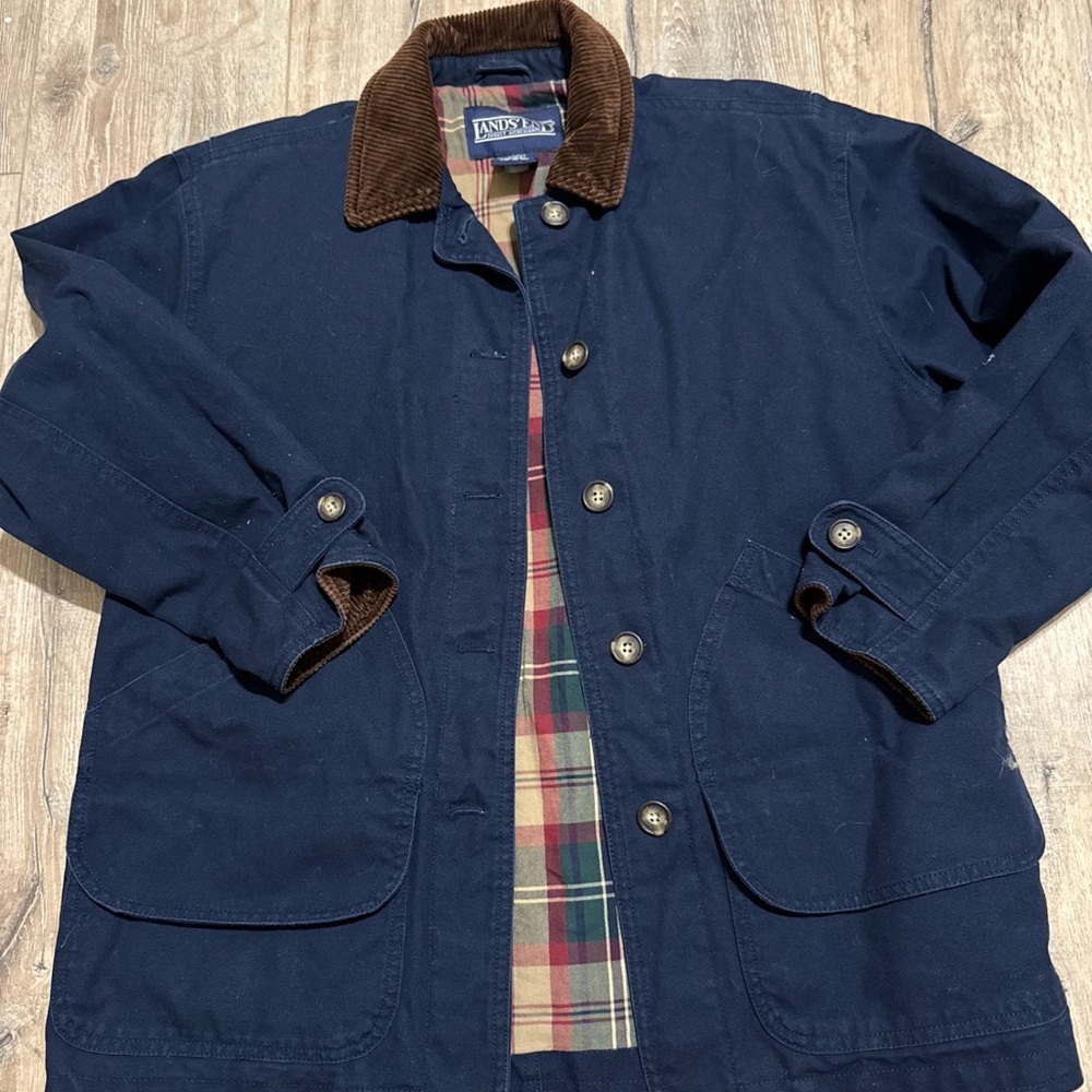 Lands' End women’s Chore/Barn Jacket Coat  Navy Blue with Brown Corduroy Collar